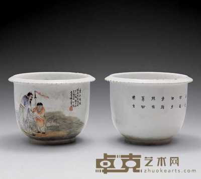 民国 王琦画人物花钵（二只） 高18cm；直径20cm